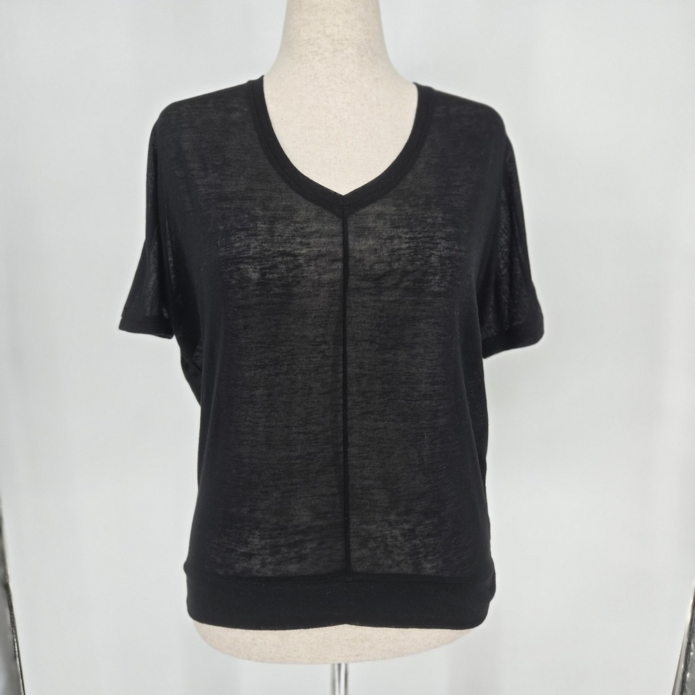 BCBG Max Azria Black Sheer V Neck Blouse Slub Knit Top Women Small Semi Sheer EU